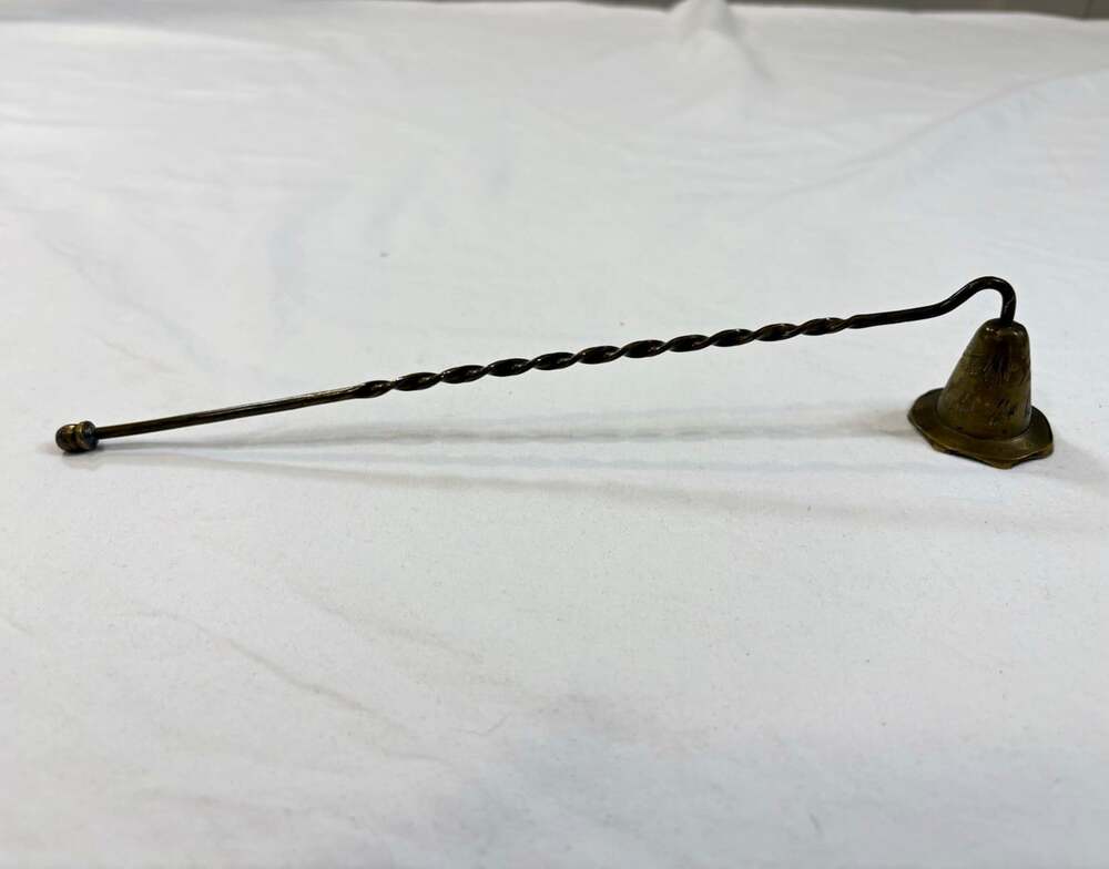 Brass Candle Bell Snuffer w/ Long Twisted Handle, Antique Brass Finish
